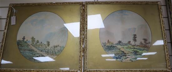 F. Sherrell, pair of watercolours, Mountain landscapes, tondo, 39cm